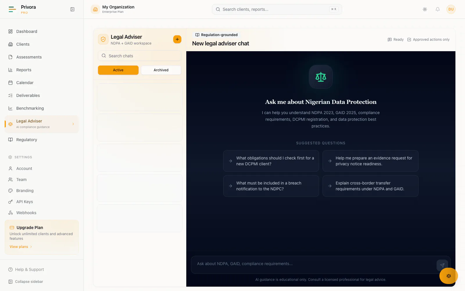 Privora AI review workspace showing fictional prompts, regulation grounding, and approved-action controls.