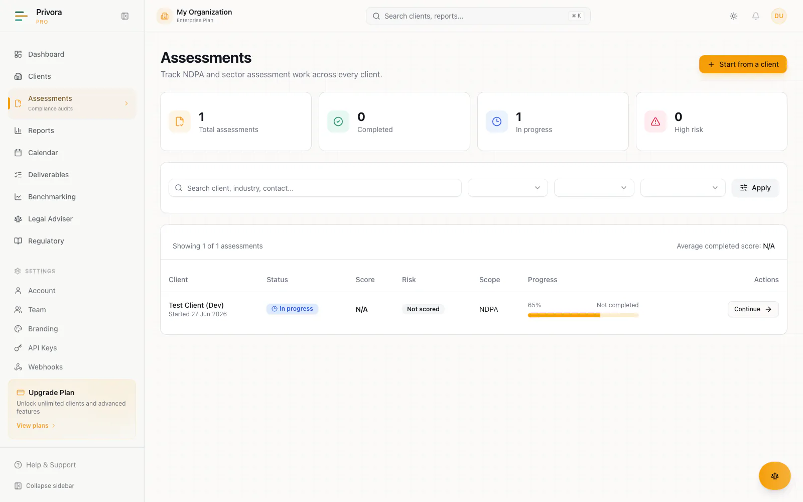 Privora Pro assessment workspace showing a fictional review in progress with scope and risk status.